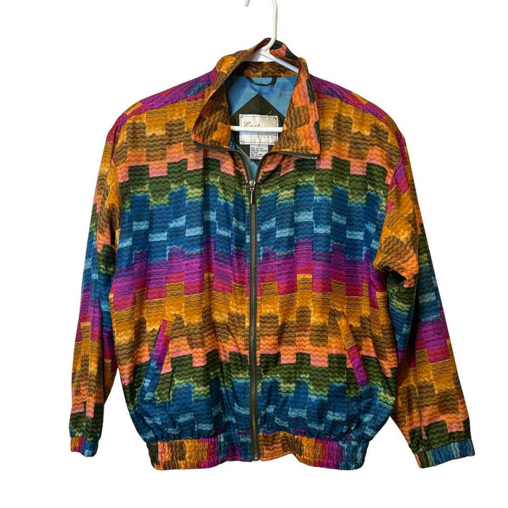 Vtg East West Silks Colorful Geometric Pattern Silk Blend‎ Jacket Size Small
